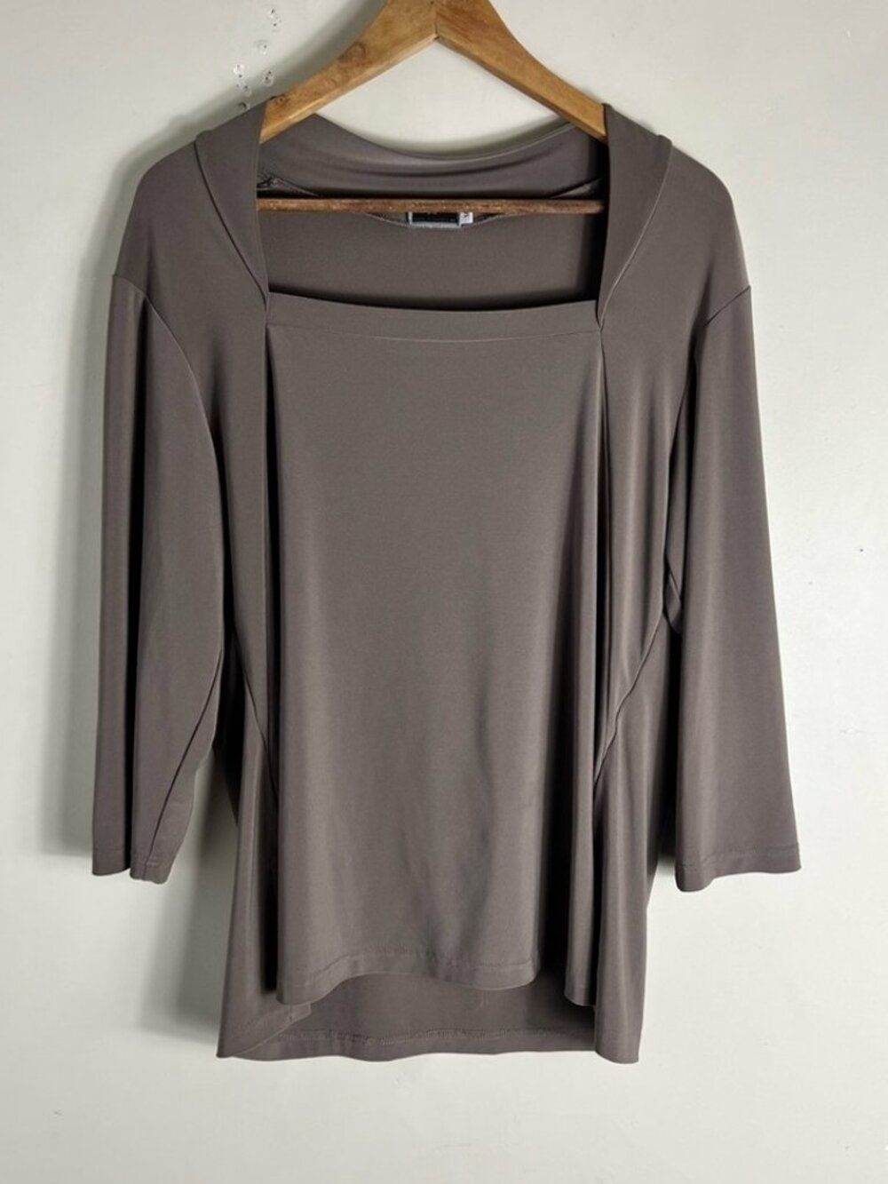 SYMPLI – Stretch Square Neck Top 3/4 Sleeve Size 14 Taupe Travel Flowy